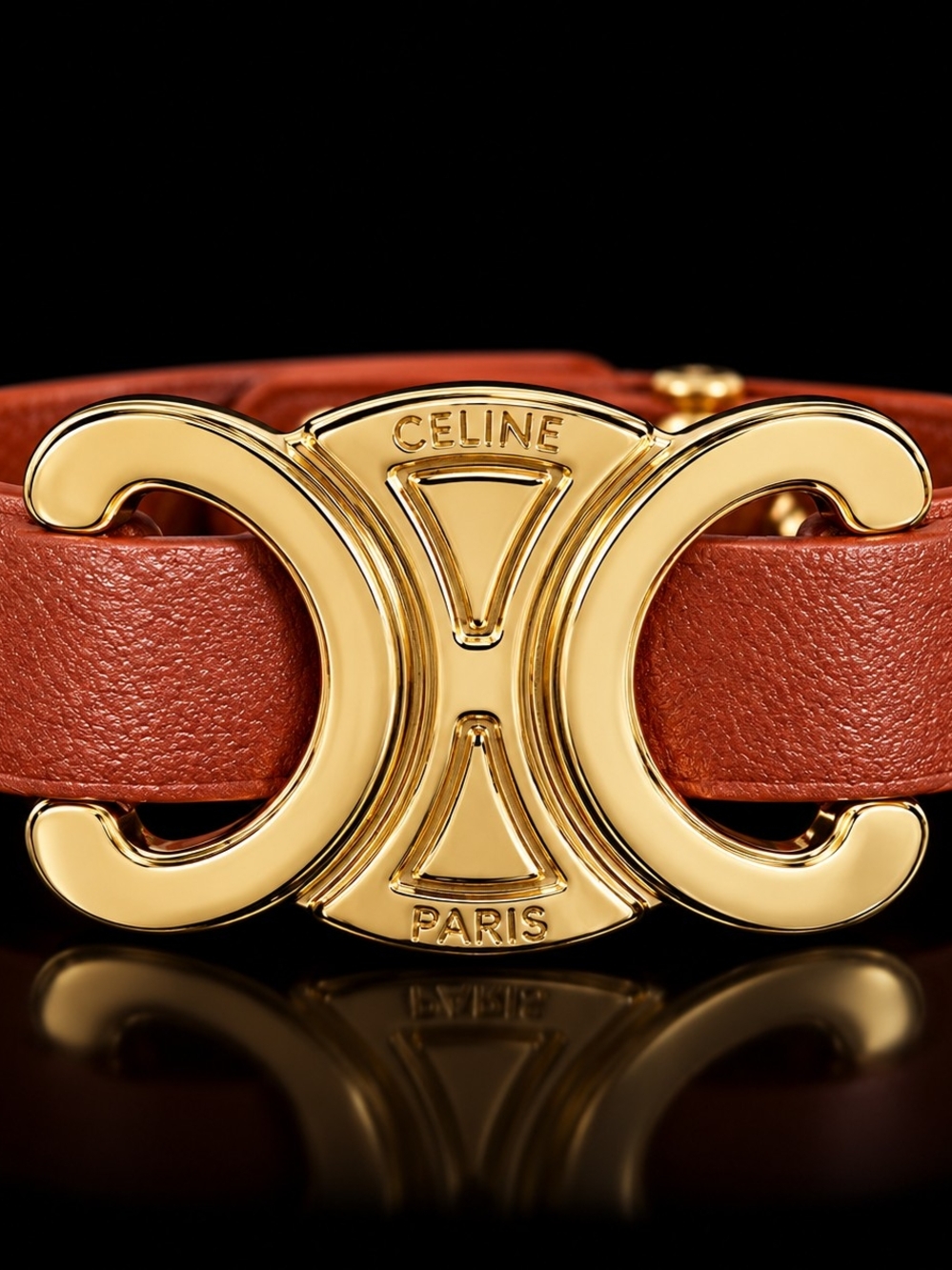 Celine Leather Belt with Gold Triomphe Buckle — Tan